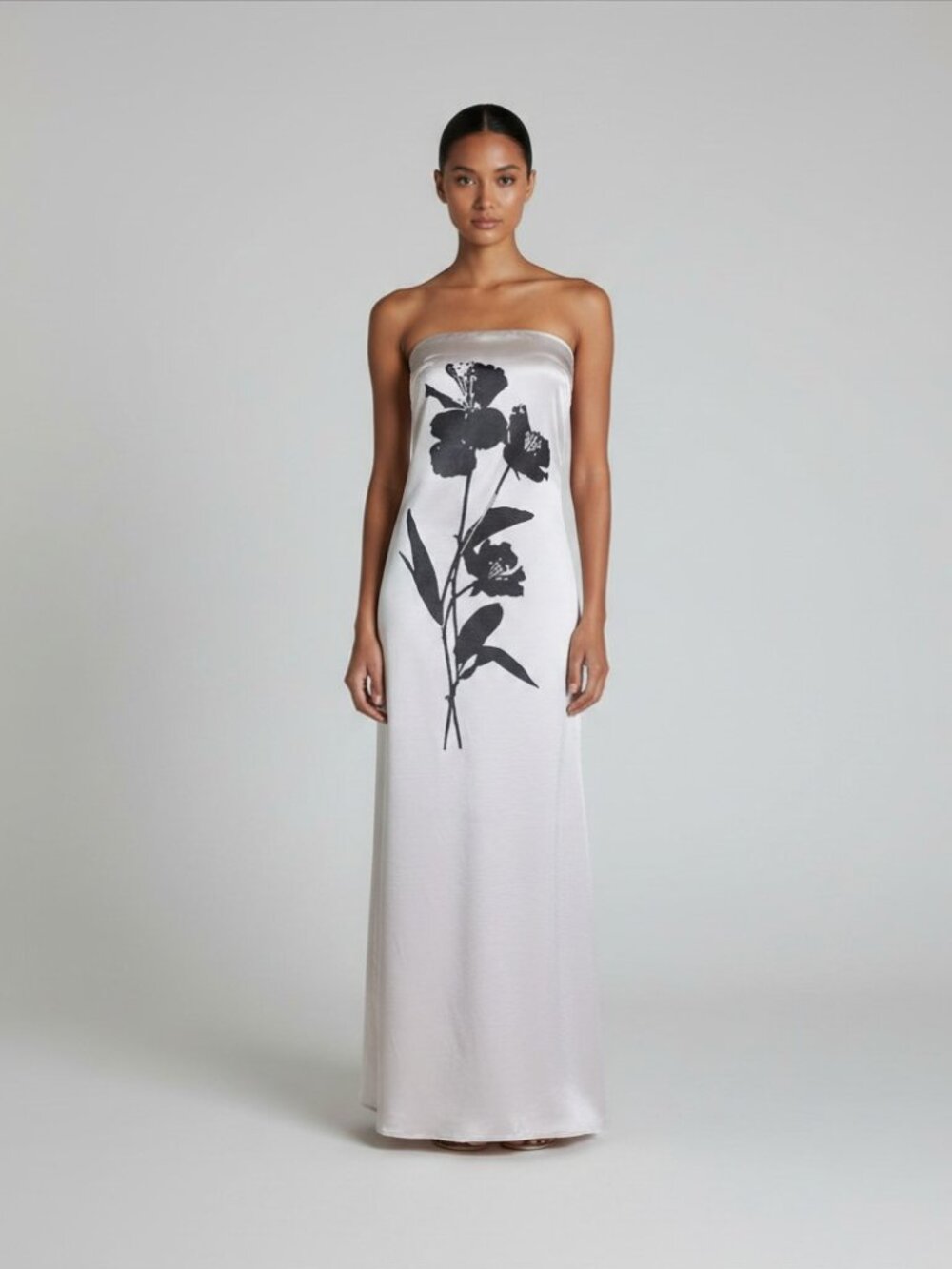 HALARA Champagne Floral Graphic Strapless Satin Maxi Dress Size Medium NWT